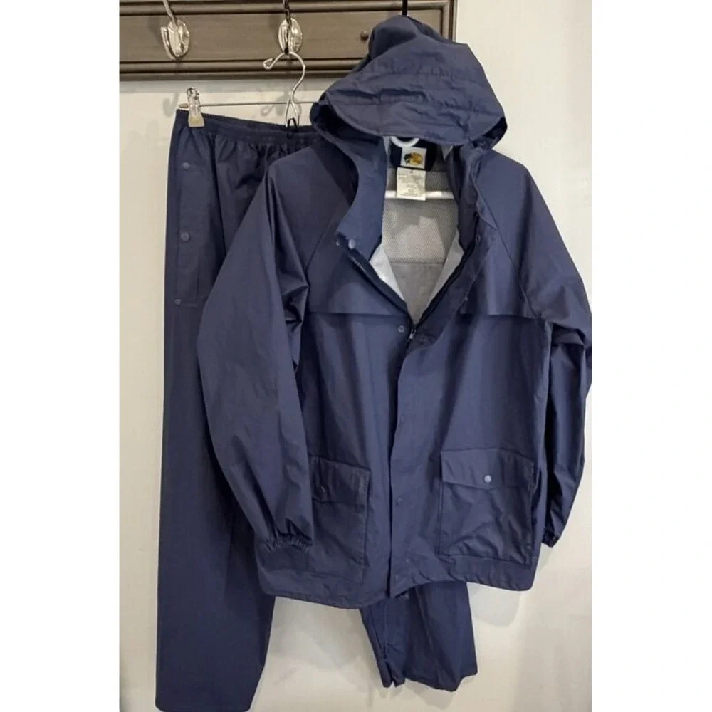 Bass Pro Shops Rain Suit Mens Medium Blue Hooded Waterproof Jacket Pants Fishing
